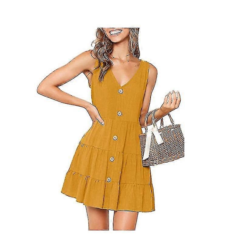 Women's Sleeveless V Neck Button Down Casual Pocket Swing Short