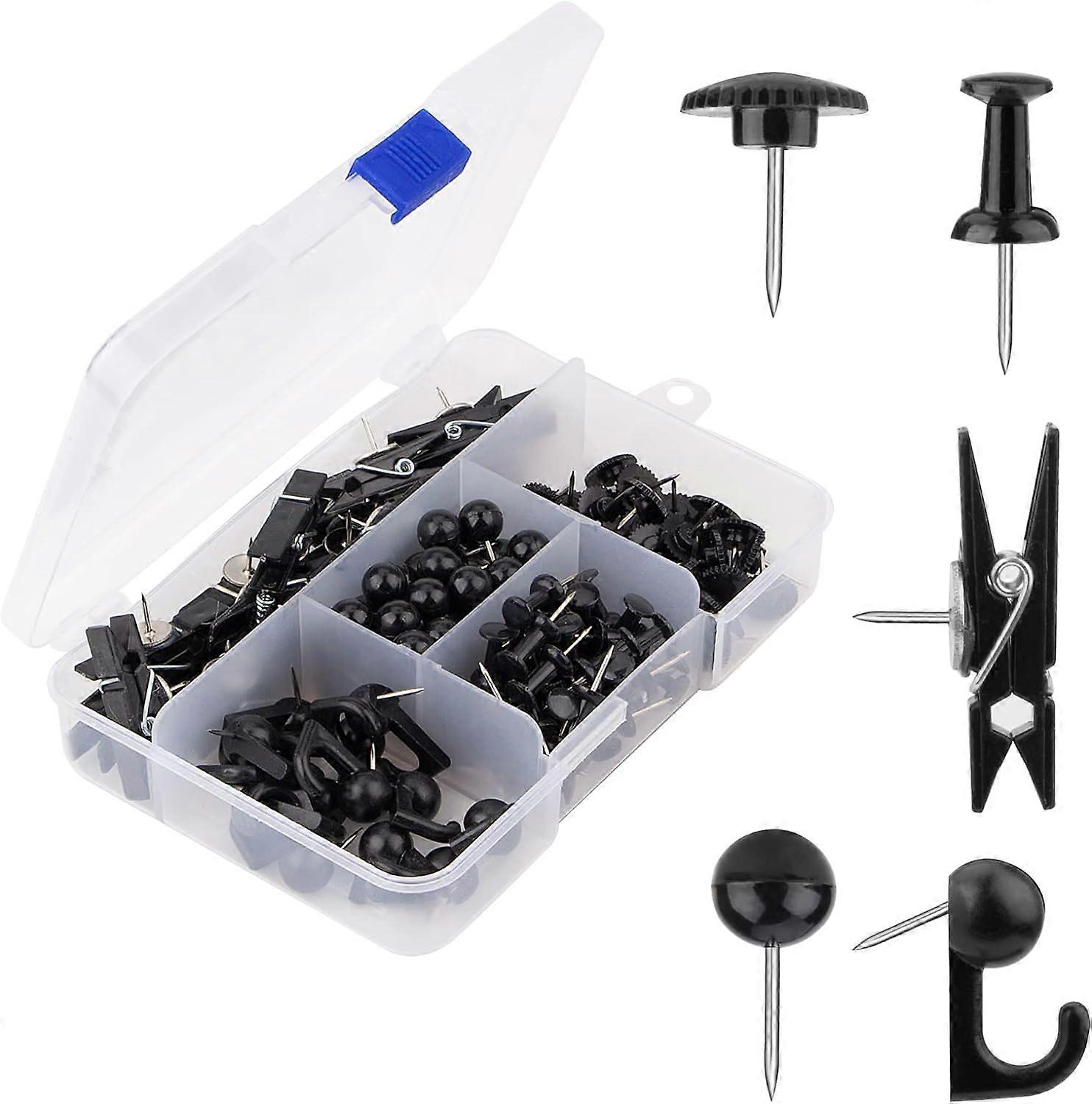 Black Push Pins Set, 5 Styles 140-count Thumb Tacks Map Pins, Steel Point and Dark Plastic Head Pushpins Black Thumbtacks(Black-140pcs)