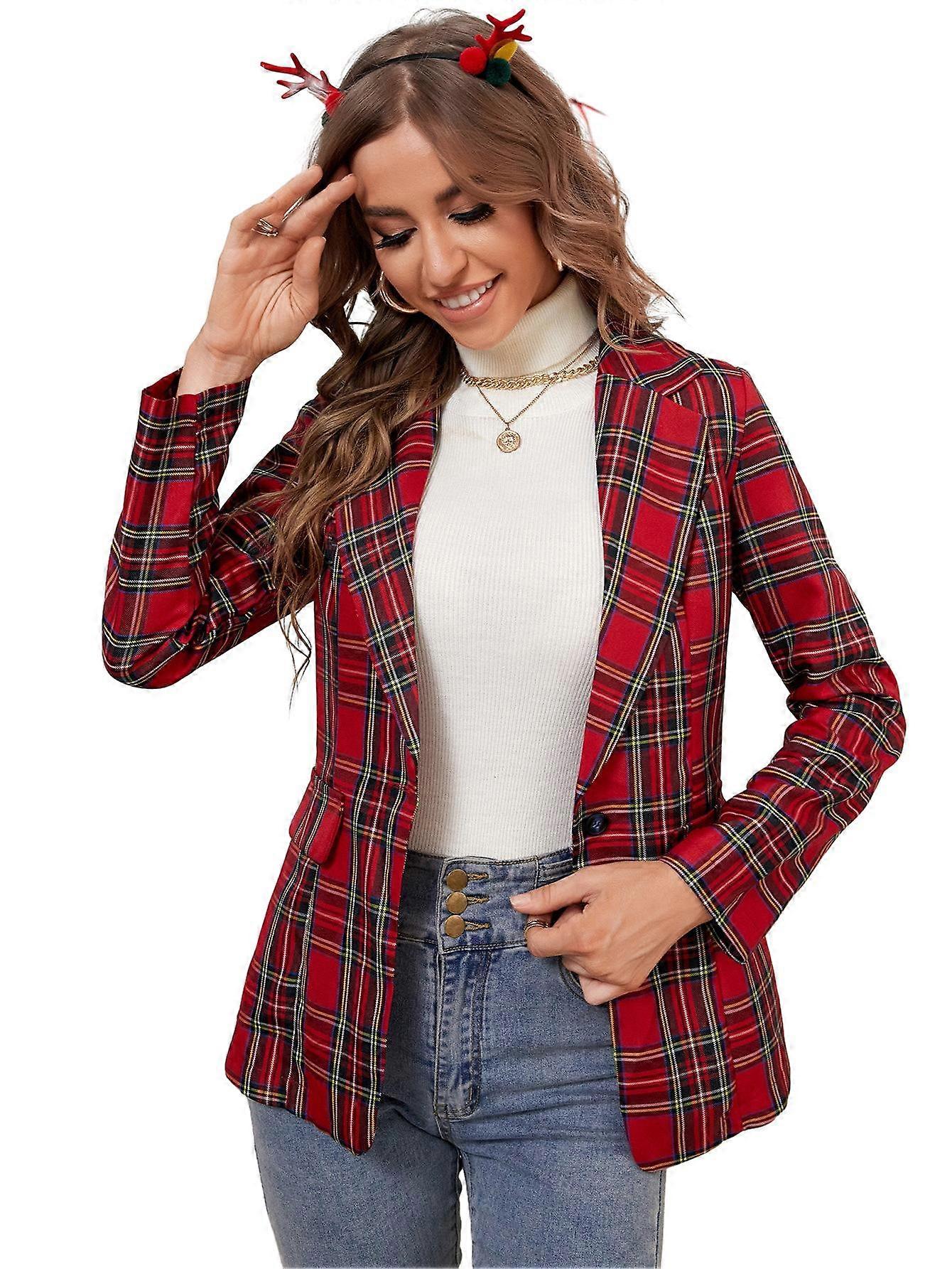 Women's Notched Lapel Plaid Casual Blazer Jacket