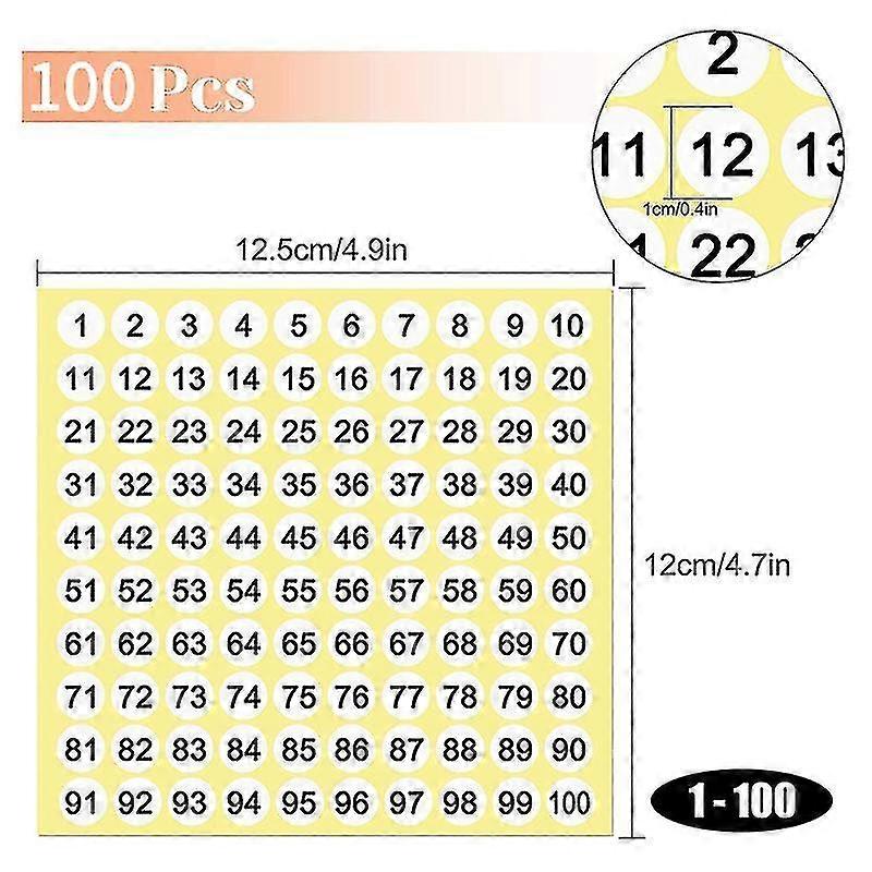 100 Sheets Number Labels Stickers 1-100 Numbers Round Stickers 0.4 Inch Small Self-adhesive Number Tw