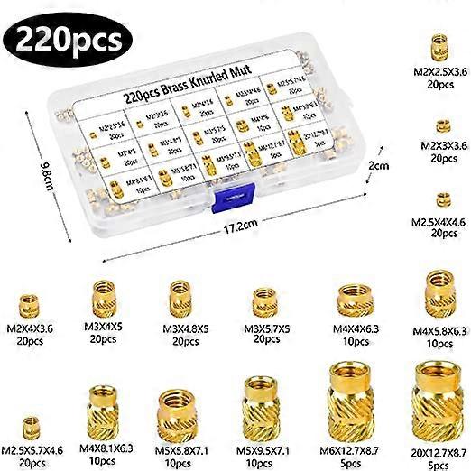 220Pcs M2-M6 Press Nut Brass Threaded Bushings Inner Thread