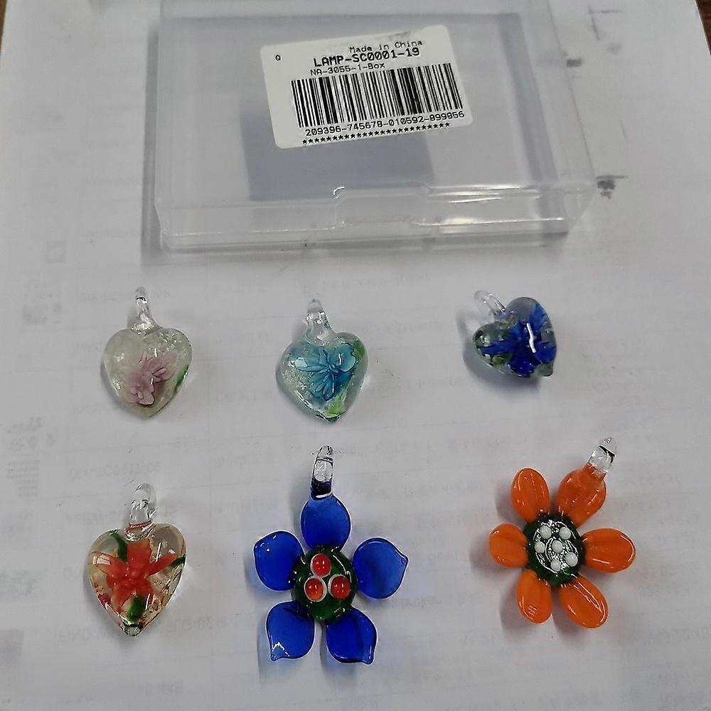 1Box 6Pcs 6 Style Handmade Luminous Lampwork Pendants Heart & Flower Mixed Color 27~42.5x21~35x9~15.5mm Hole: 3~7mm 1pcs/style