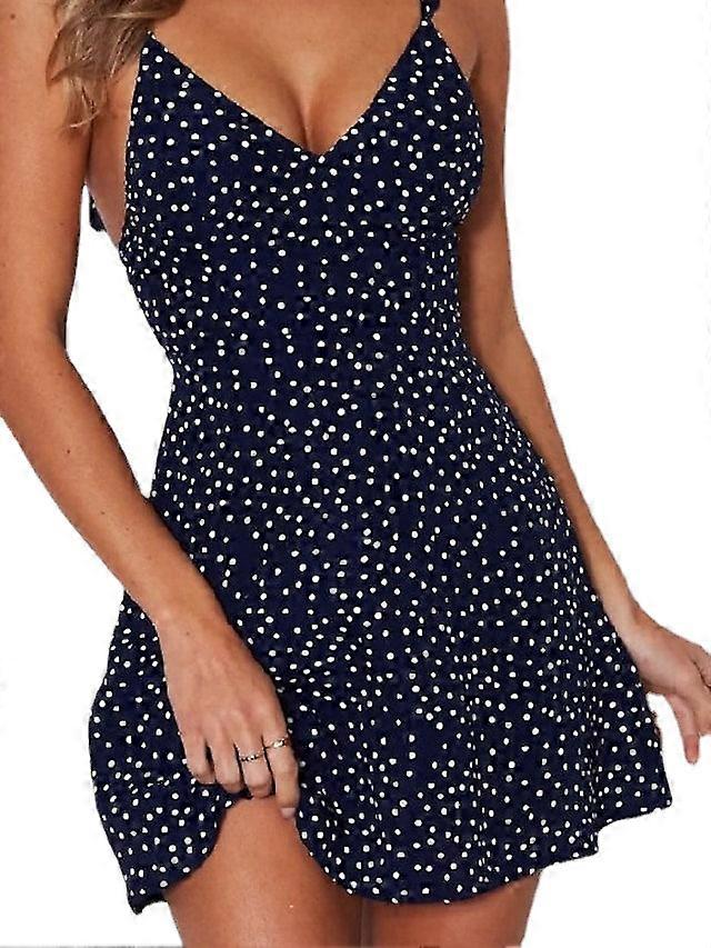 Women's Sleeveless Polka Dot Backless V Neck Casual Strap Dress