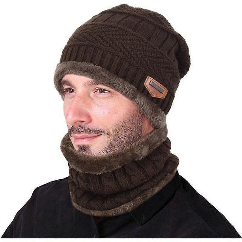 Vbiger Men Winter Warm Knitted Hat and Scarf Set Brown