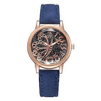 Femmes PU Strap Montre Alliage Quartz Papillon Motif Miroir Cadran Montre-bracelet (Bleu)