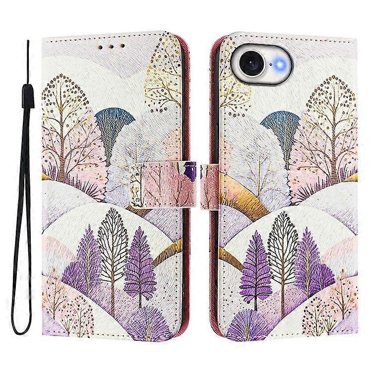 PU Leather Protective Phone Case For iPhone 16e, Pattern Printing Card Slot Stand Phone Cover with Lanyard