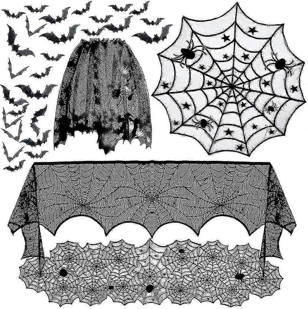 6pack Halloween Decorations Tablecloth, Runner Black Lace Spider Cobweb Table Cover