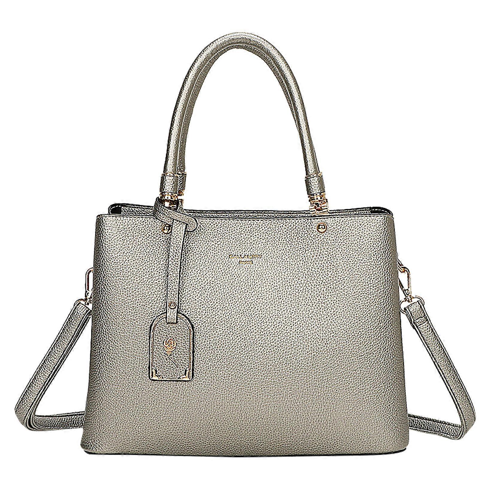 Women's Tote Handbag with Metallized Flower Clasp