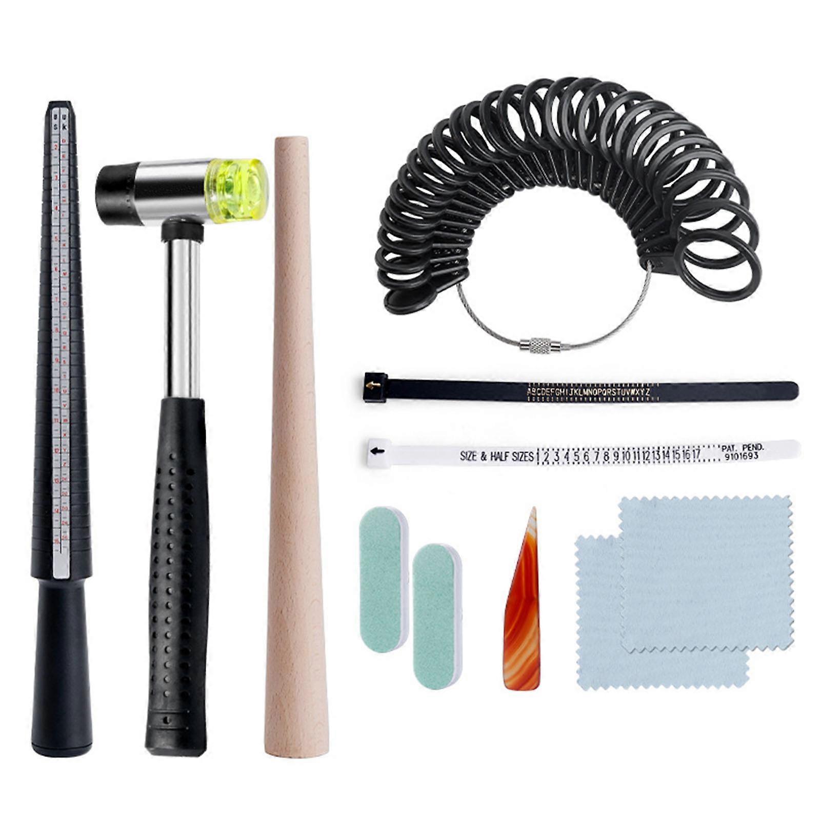 11 Pcs Universal Ring Sizer Measuring Tool Set Ring Polishing Ring Rod Rubber Hammer Finger Size Measuring Tool