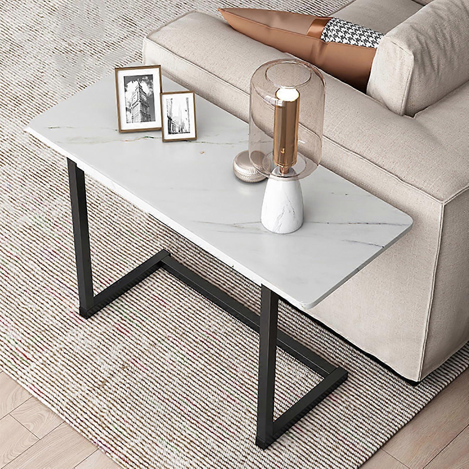 C Shaped Side Table for Couch, Faux Marble Finish, Narrow End Table with Steel Frame, Modern Design for Living Room