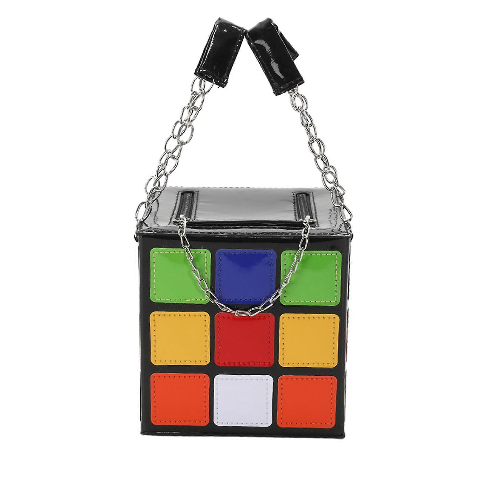 Ladies Cute Cube Shape Handbag Double Zipper Closure Women’s Puzzle Cube Shape Handbag with Chain Handle Clutch Bag