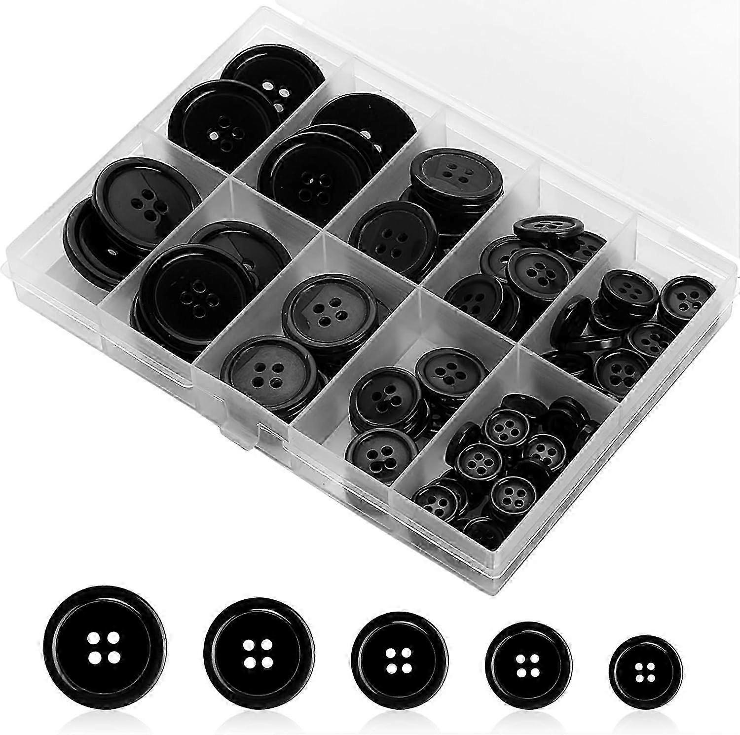 100 Pcs Black 4-Hole Sewing Buttons Premium Resin Craft Buttons Mixed Sizes for Coat Suit Shirt and DIY Decoration