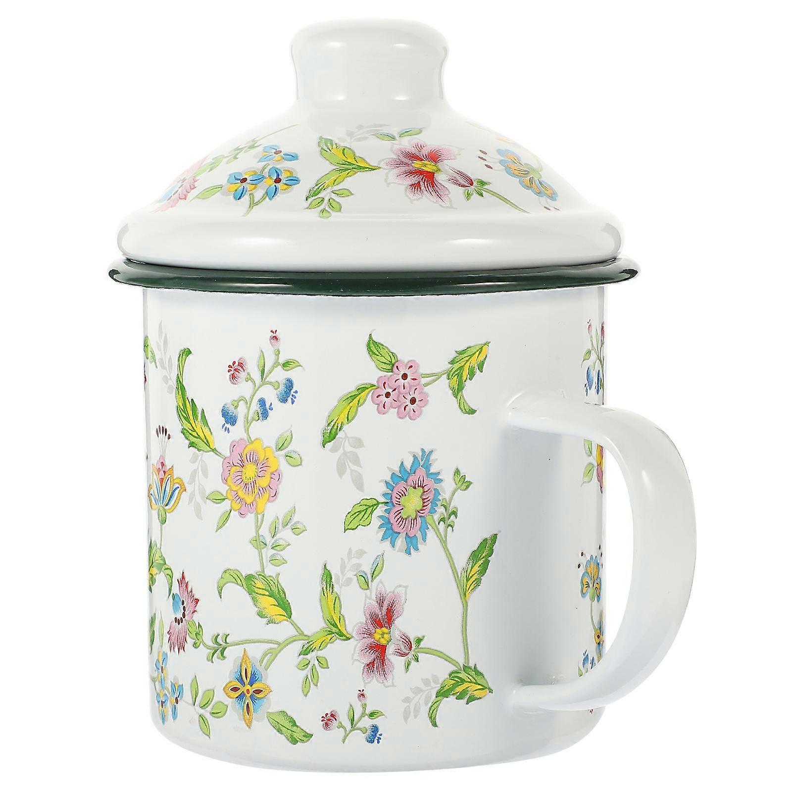 Rustic Lidded Enamel Mug with Flower Pattern – Reusable Coffee Cup for Home and Office Use