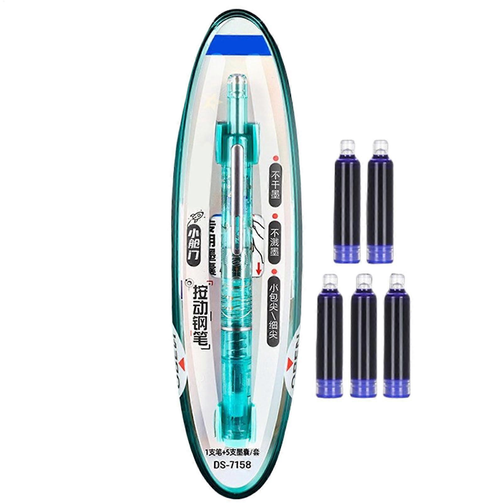 Retractable Fountain Pen, Smooth Writing, 0.38mm No Leak with 5 Ink Cartridges Green
