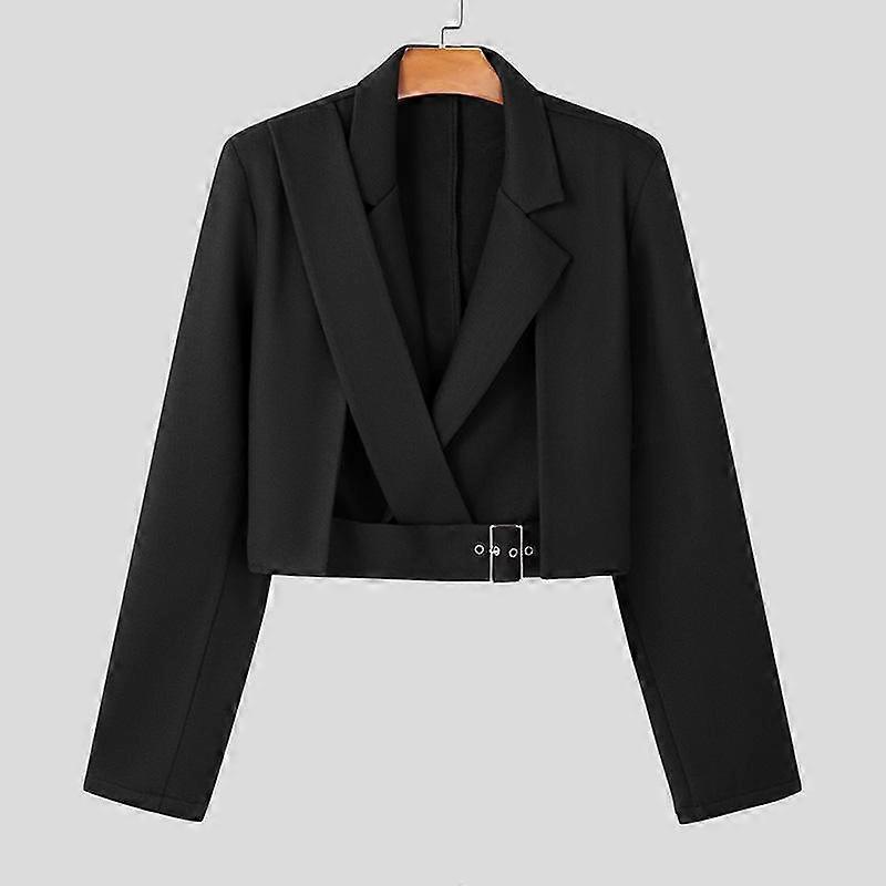 INCERUN Men Lapel Long Sleeve Front Cross Belt Short Blazer Casual Jackets