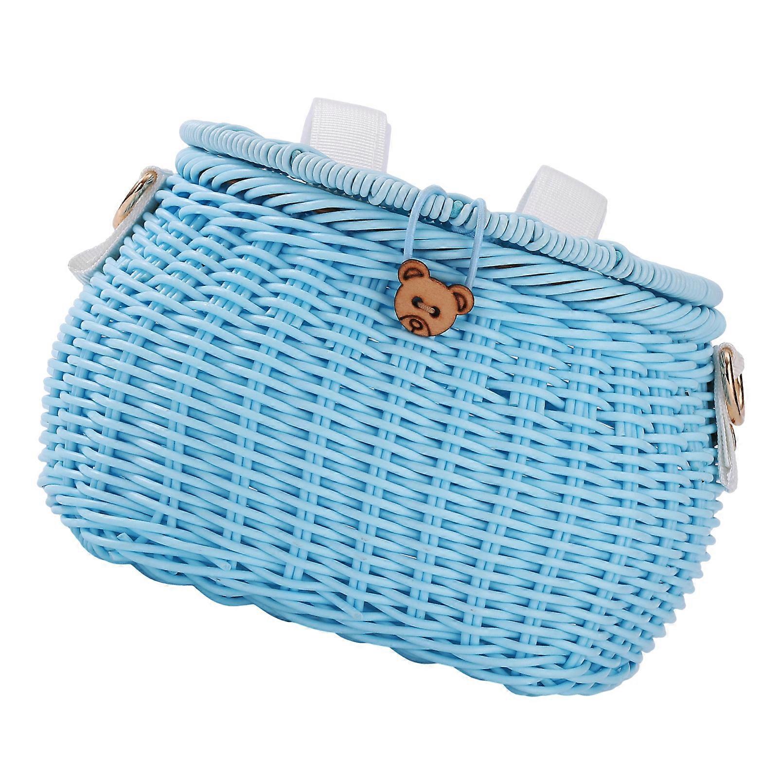 Childrens Bicycles Front Basket Wovens Plastic Bikes Basket with Shoulder Strap and Lid Handlebars Storage Container Sky Blue
