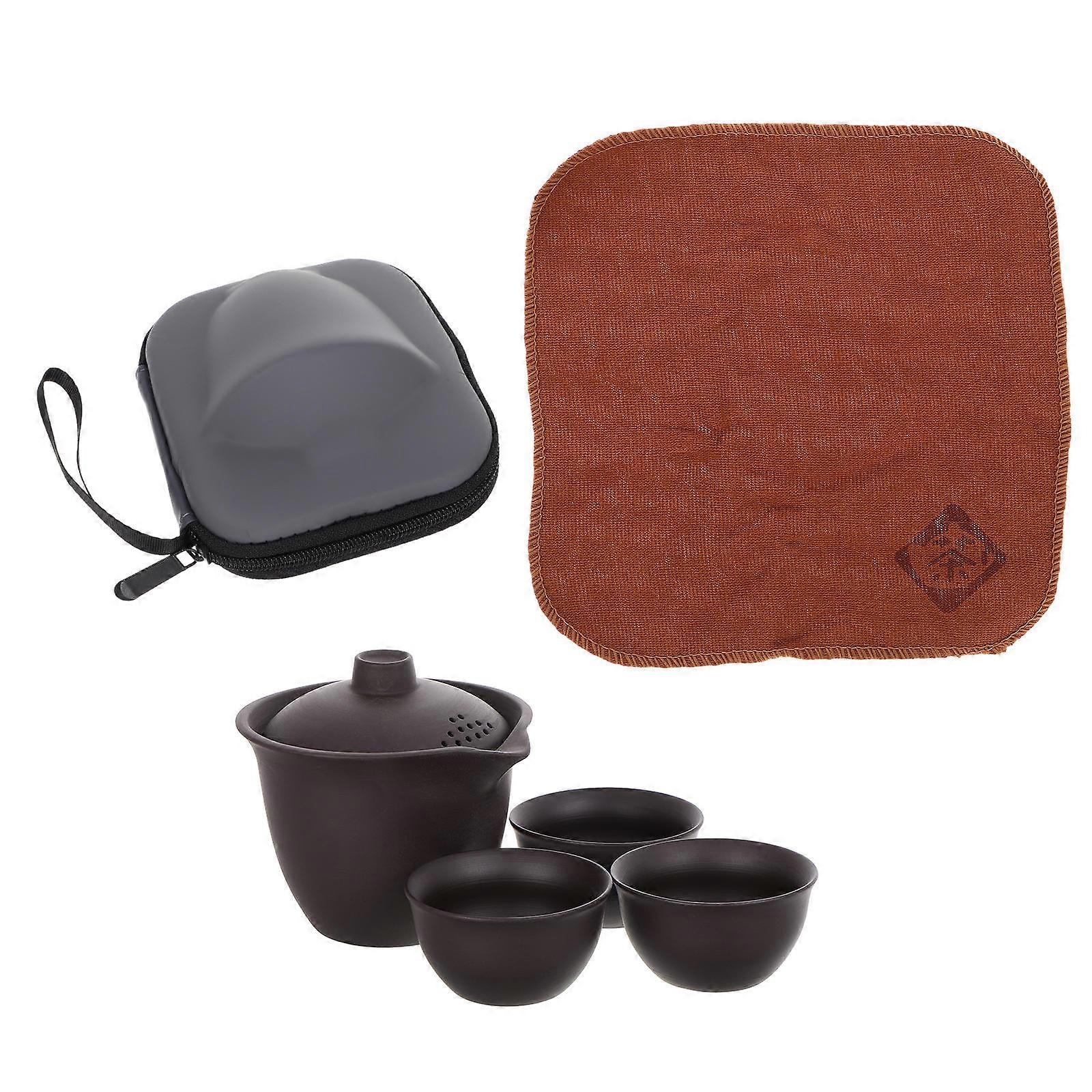 1 Set Portable Tea Set Purple Sand Teapot with Three Cups for Travel Camping and Outdoor Tea Coffee Brewing