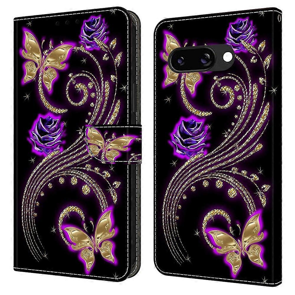 For Google Pixel 9a Case 3D Pattern PU Leather Wallet Phone Cover with Stand - Purple Flowers Butter