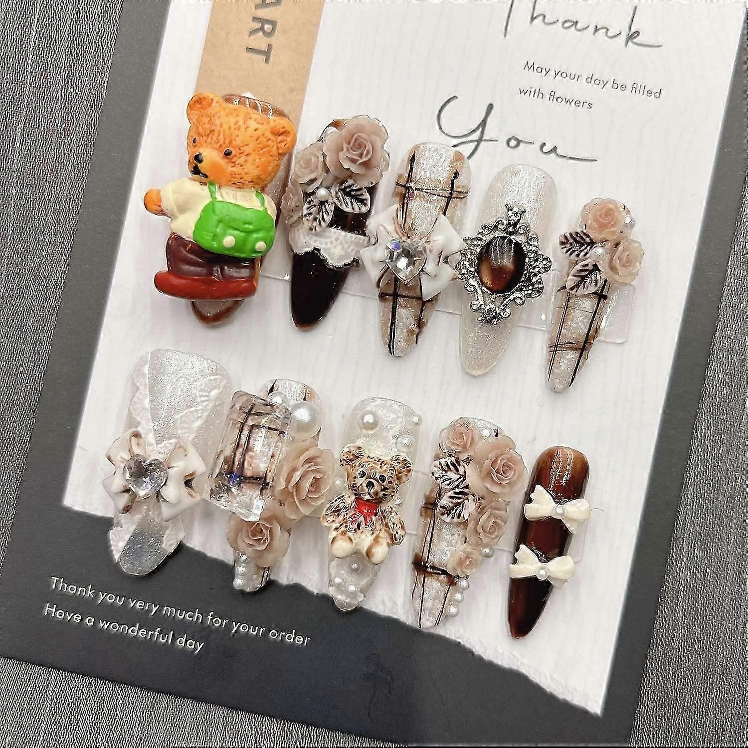 Urs drăguț Apăsați pe unghii Desen animat 3D Y2K Unghii false