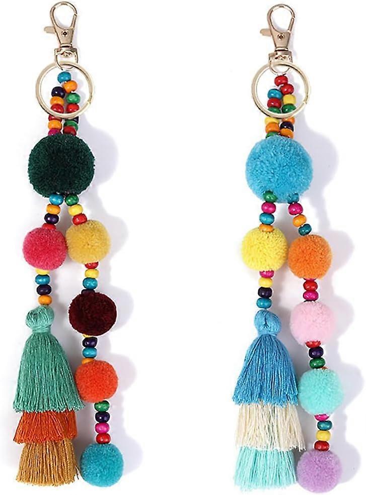 2Pcs  Keychains Boho Pom Pom Tassel Bag Decorations Charm Wris