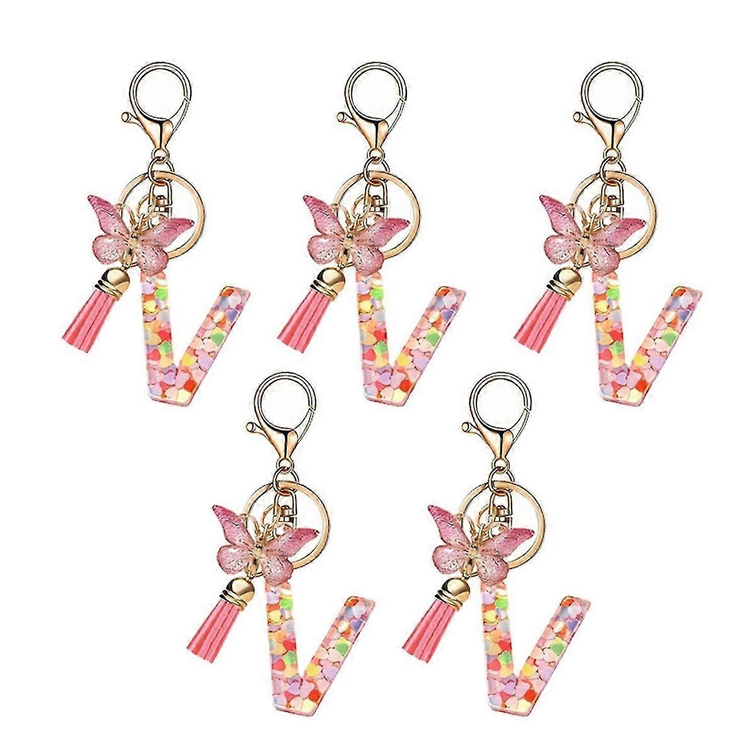 V style letter pendant pink cute initial keychain butterfly keychain