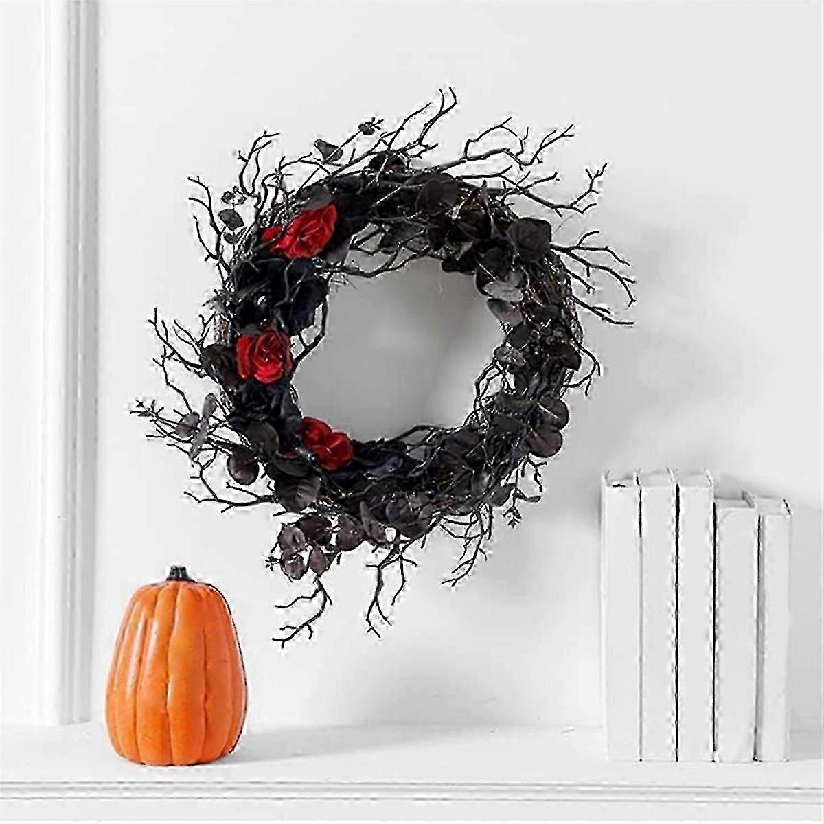 Black Halloween Door-Wreath with Red Rose Wreath for Front Door Black Wreath for Gothic Halloween Home Decor