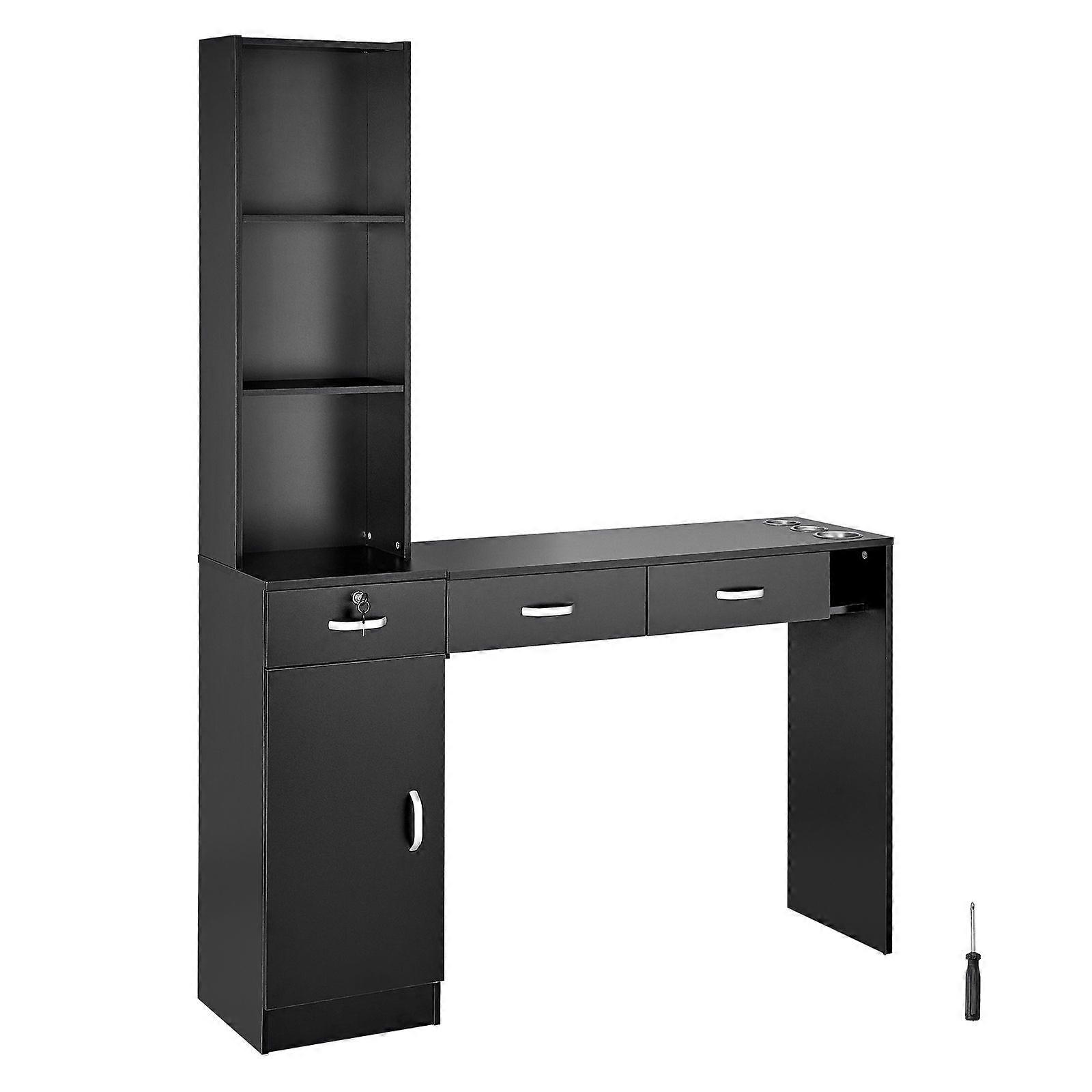 沙龙站，发型师壁挂式理发沙龙站，1 个储物柜，3 个开放式小隔间和 3 个抽屉（一个可上锁），黑色