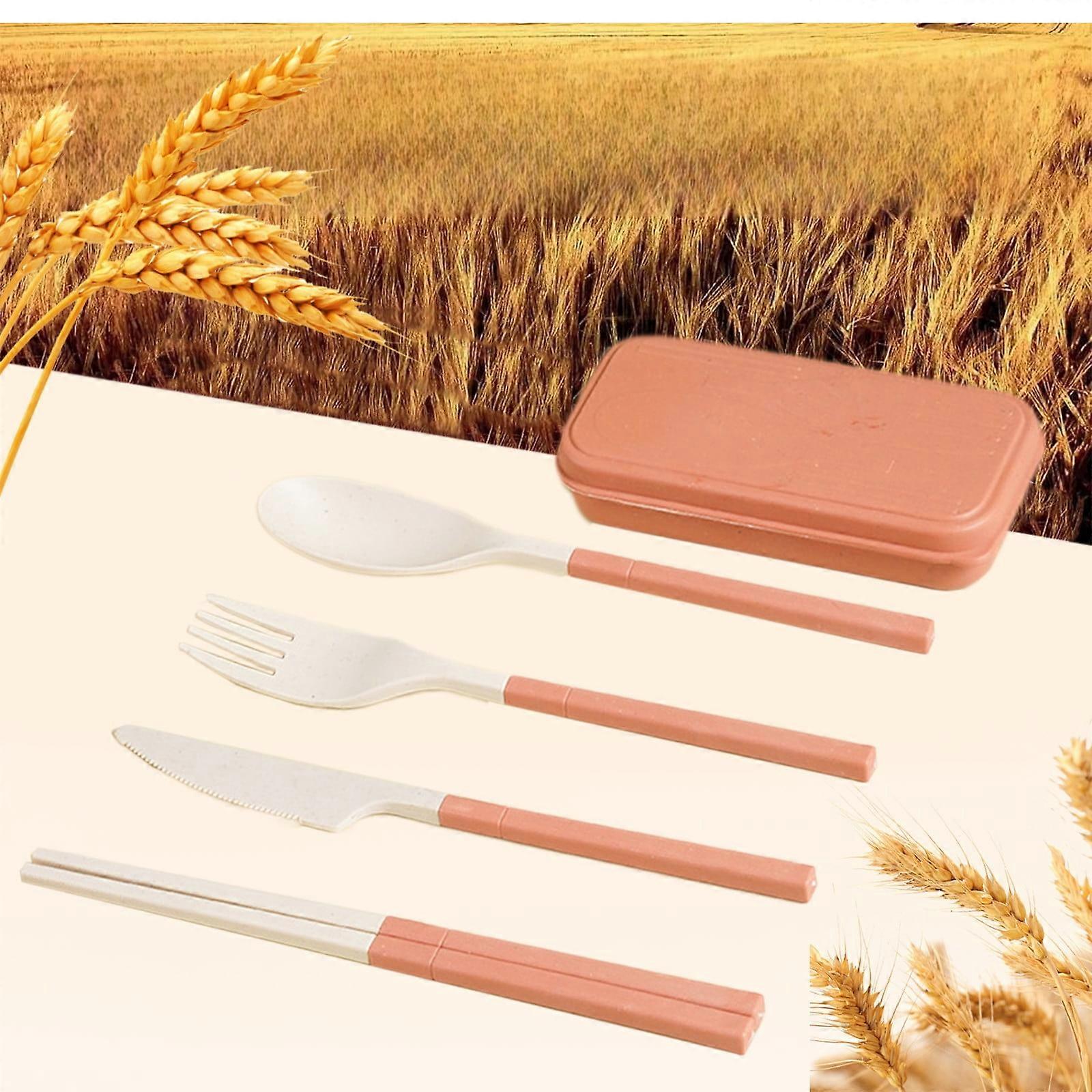 Wheats Straw 4 Piece Travel Utensils Set (Pink) compatible with Staron, Portable Case, Reusable Folding Knife, Fork, Spoon, Chopsticks for Camping,