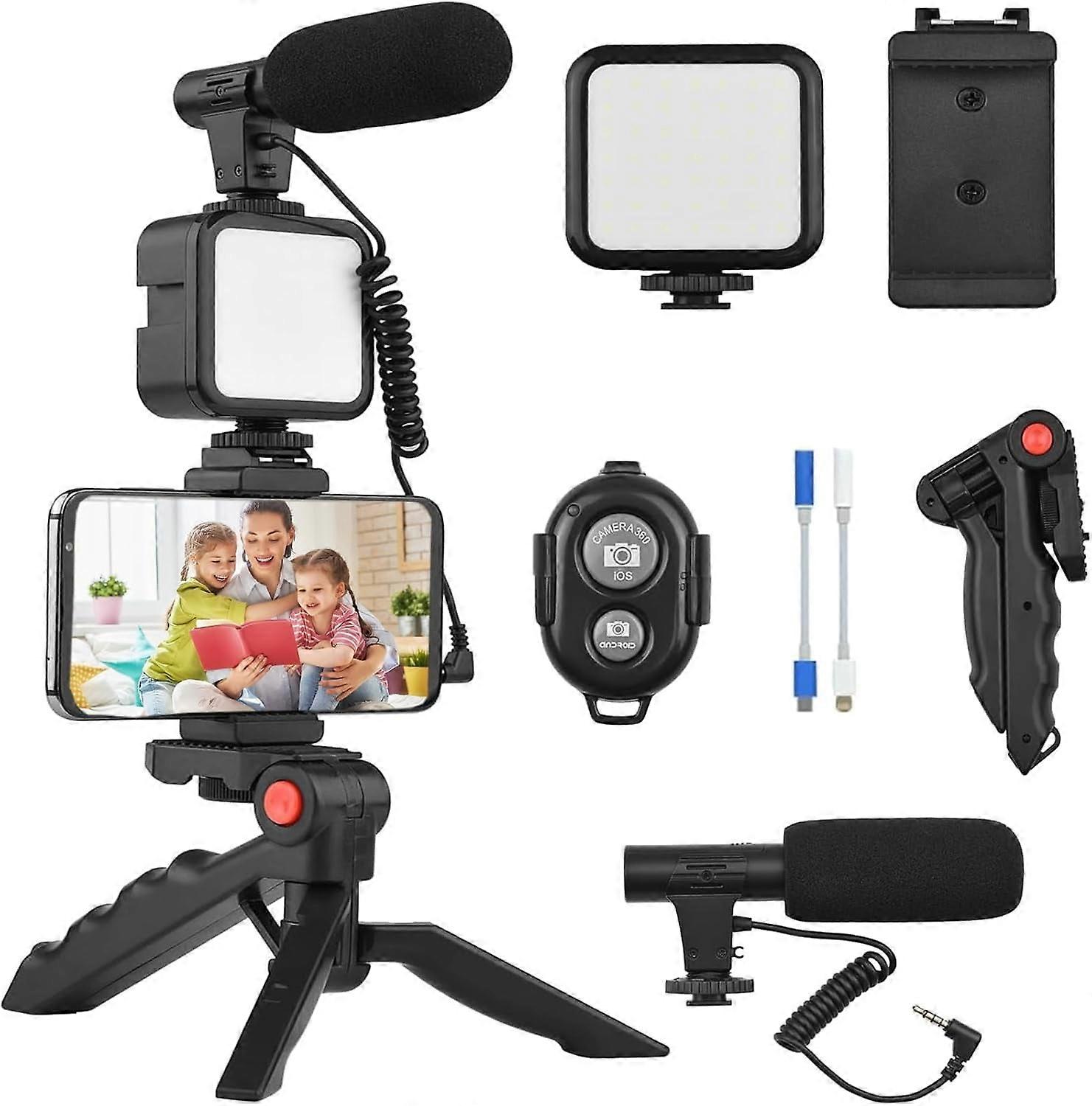 Vlogging Kit for compatible with iPhone, Android (with Tripod), with Mini LED Video Light + Cardioid Microphone + Phone Clip + Tripod