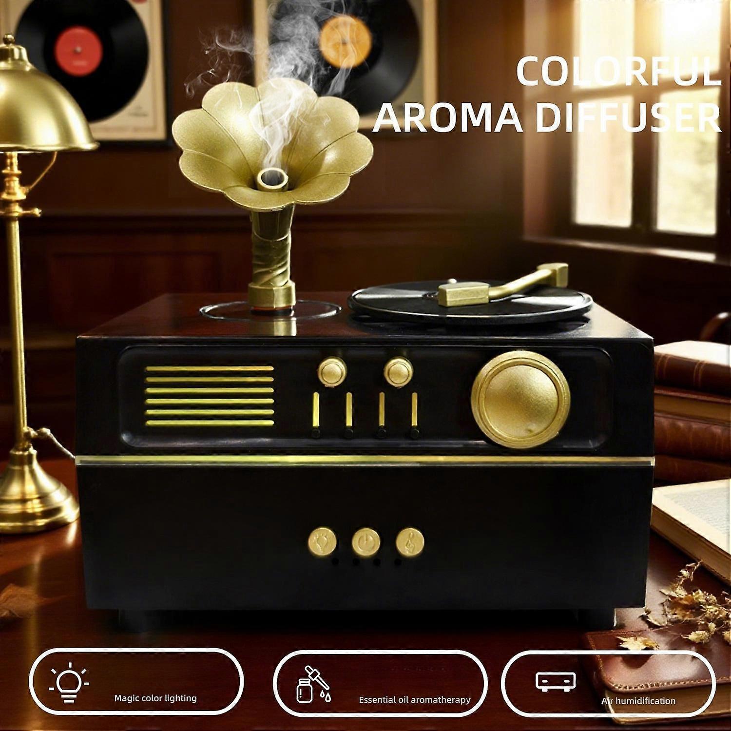 Vintage Rotating Gramophone Aromatherapy Machine,USB Dynamic Essential Oil Diffuser With 7 Colors Light Ultrasonic Atomizer Air Humidifier For Home Of