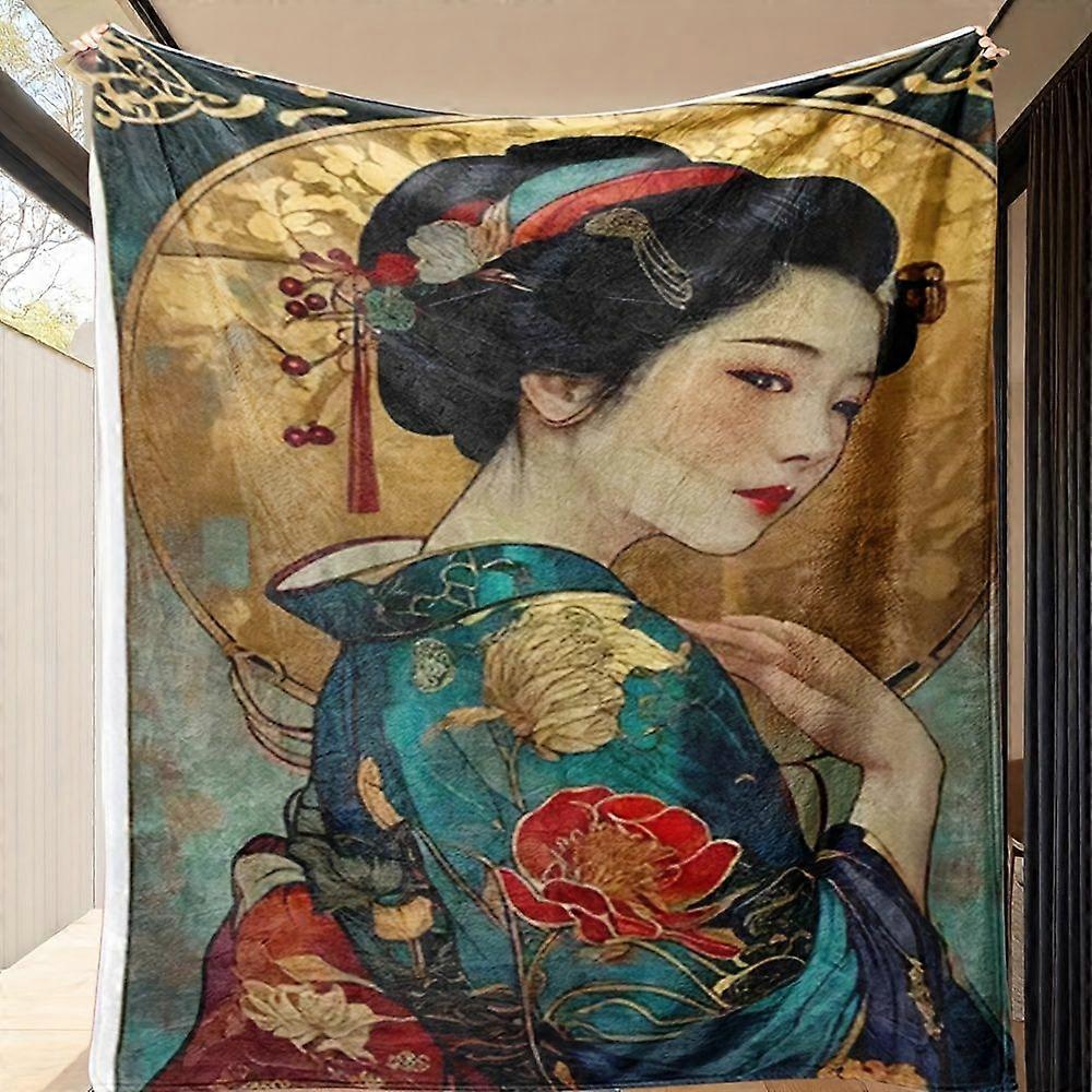 Japanese Geisha Pattern Double-Sided Blanket - Suitable for All Seasons, Cartoon Theme, Non- Polyester Material, Lightwe-PLKJD340