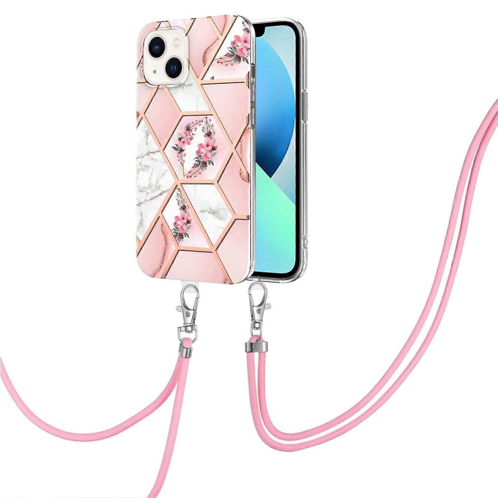 For iPhone 14 Electroplating Splicing Marble Flower Pattern TPU Shockproof Case with Lanyard