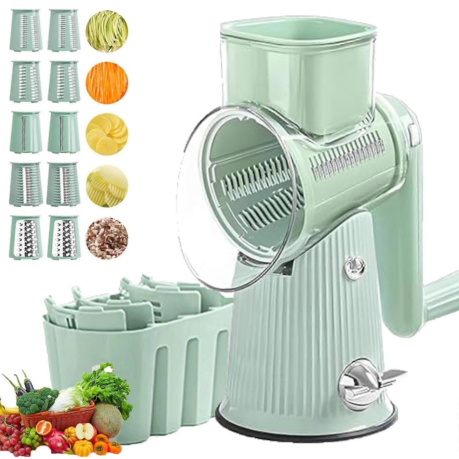 5 in 1 Rotary Cheese Grater and Vegetable Slicer with Multipurpose Blades and Suction Base (Green)