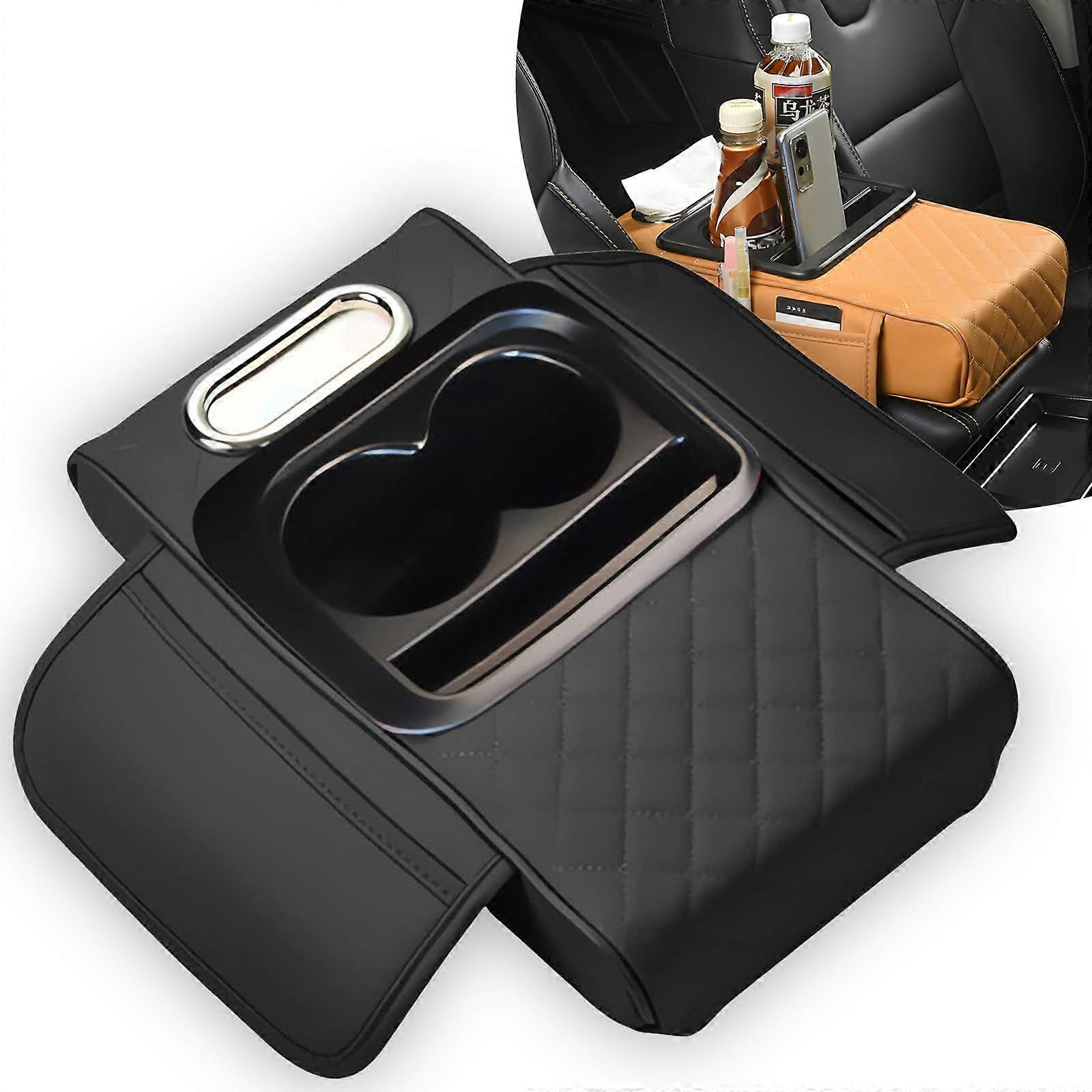 Car Armrest Cushion PU Leather 5in1 Center Console Organizer with Cup Holders and Storage Pockets