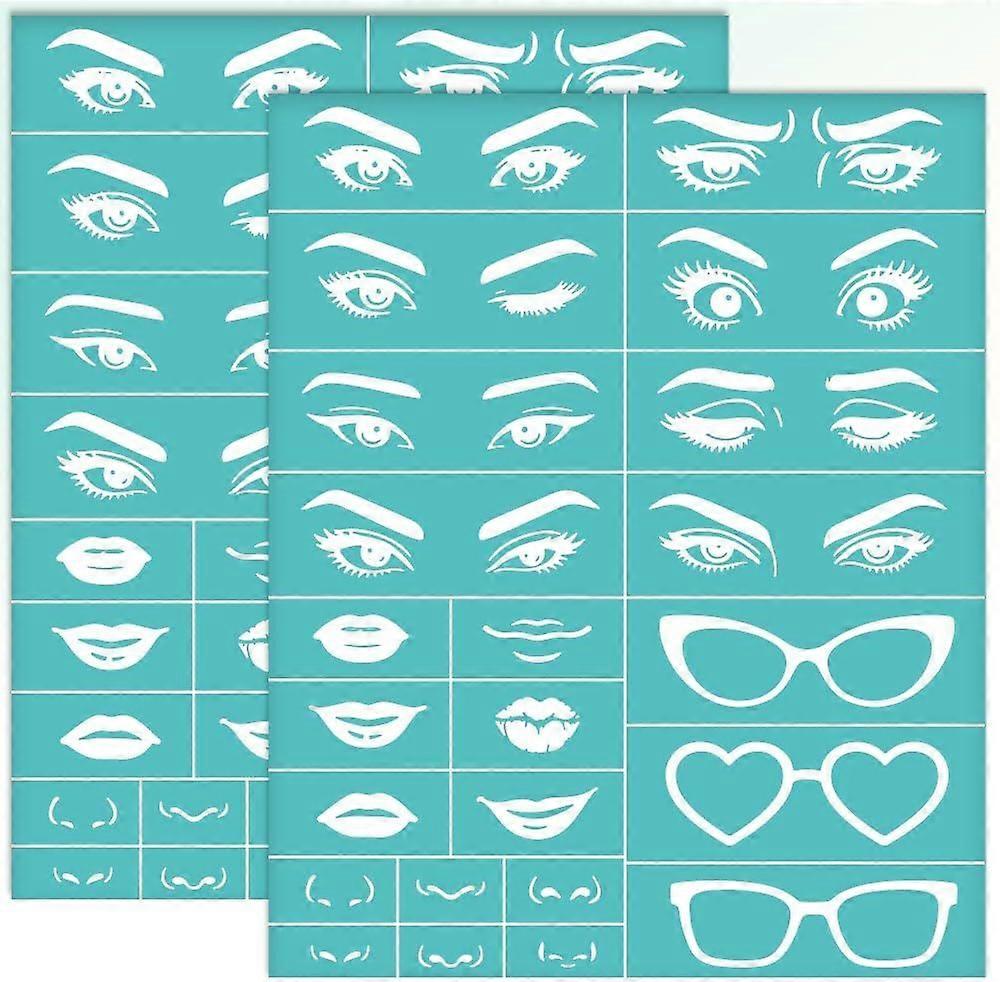 2 Sheets Character Facial Features Silkscreen Stencil Eyes Nose Glasses Stencils Templates Reusable Self-Adhesive Silk Screen for Painting on Wall Woo