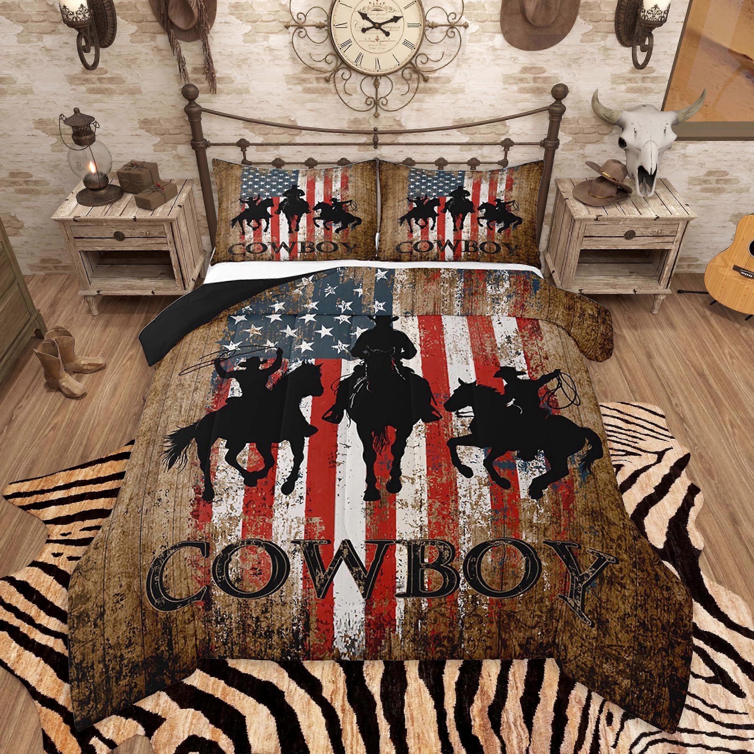 Western Cowboy Comforter Full Size American Flag Bedding Set Soft Microfiber 3Pcs with Pillow Shams