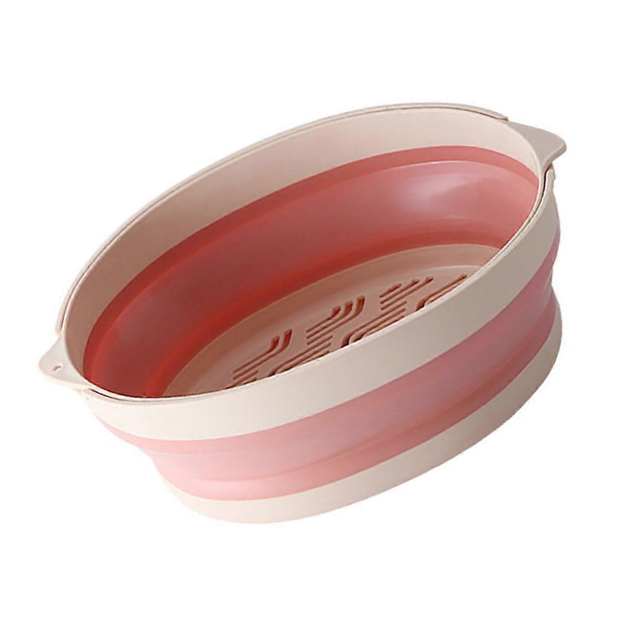 Double Layer Foldable Kitchen Colander, Large Pink Plastic Fruit and Vegetable Strainer for Washing