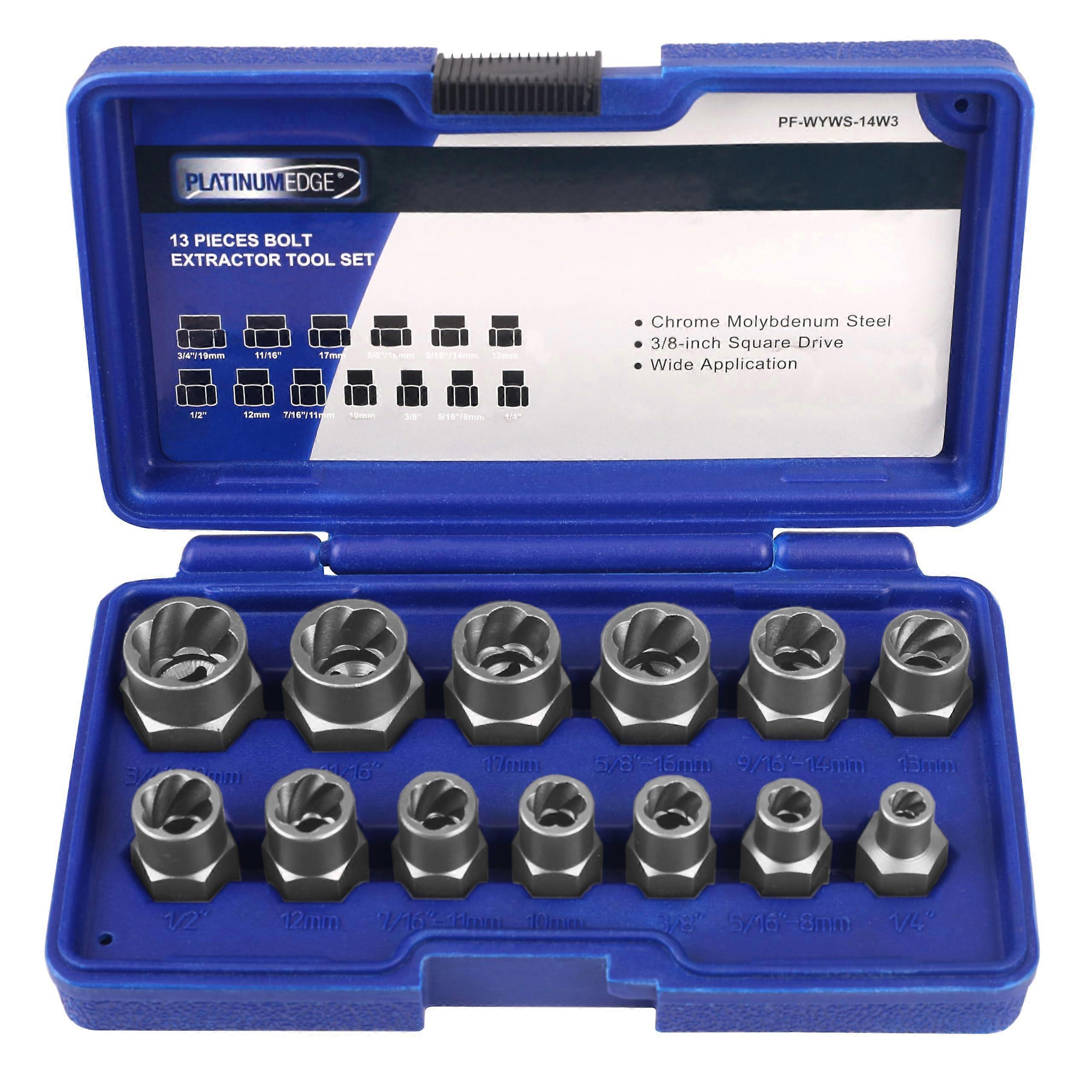 Bolt Extractor Set, 13pc Heavy‑Duty CRMO Nut Remover Kit, Reverse Spiral Grip for Quick Damaged Bolt Removal with Case