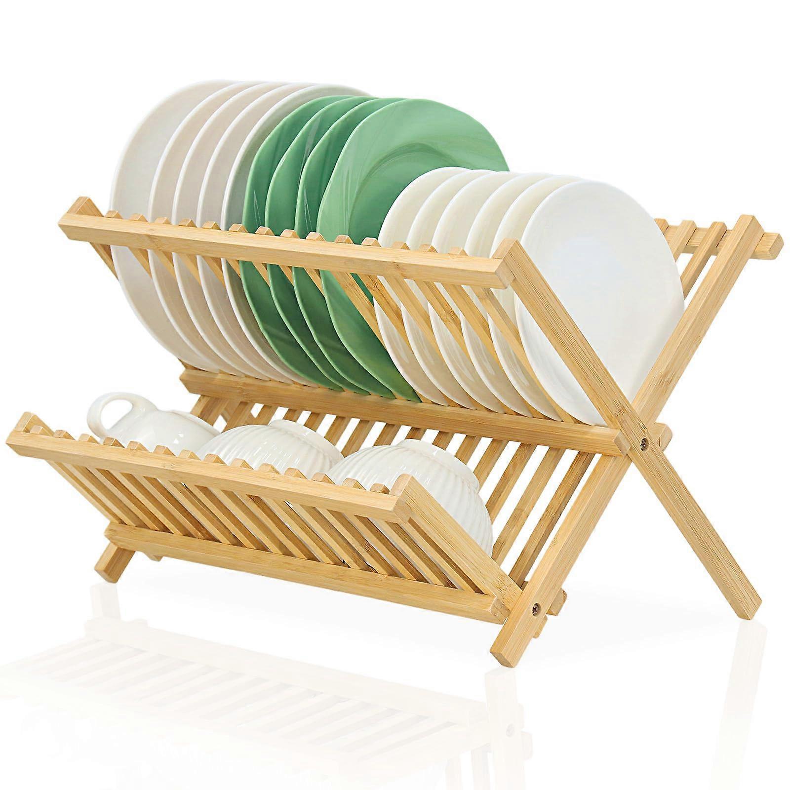 Bamboo Dish Drying Rack, Collapsible 2 Tier Foldable Drainer for Kitchen Countertop EcoFriendly