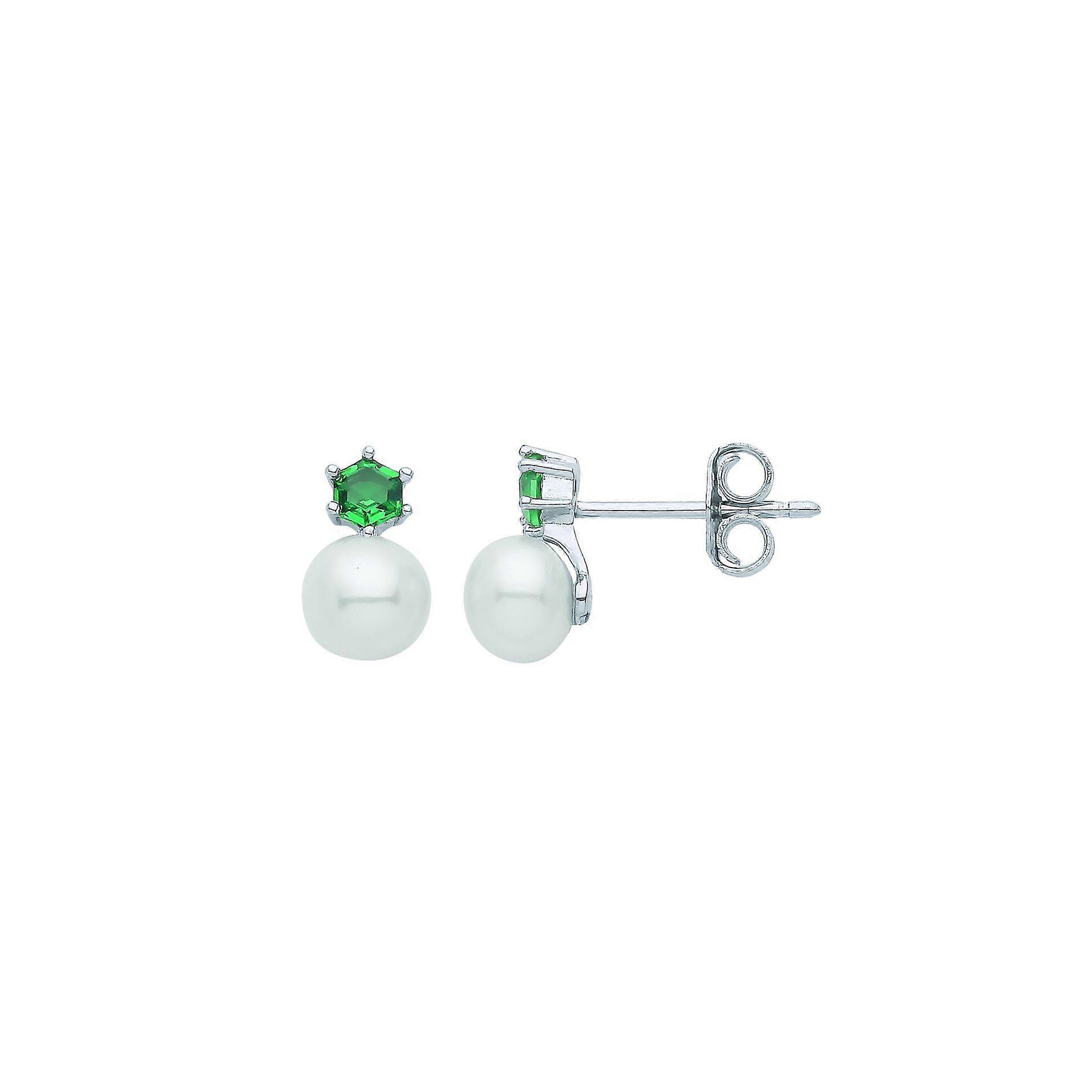 Jewelco London Sterling Silver Cream Green Hexagon Honeycomb Pearl CZ Headdress Stud Earrings