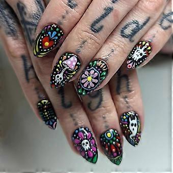 Faux ongles courts en amande à coller pour Halloween, avec motifs gothiques de fantôme, crâne, fleur et champignon (24 pièces).