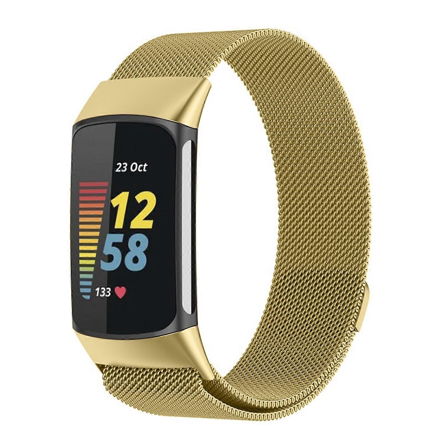 For Fitbit Charge 6 / 5 Metal Steel Mesh Wristband with Magnetic Clasp Gold