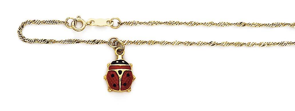 Tornozeleira Esmaltada de Joaninha em Ouro Amarelo 14k 10 Polegadas para Mulheres - 1.8 Gramas