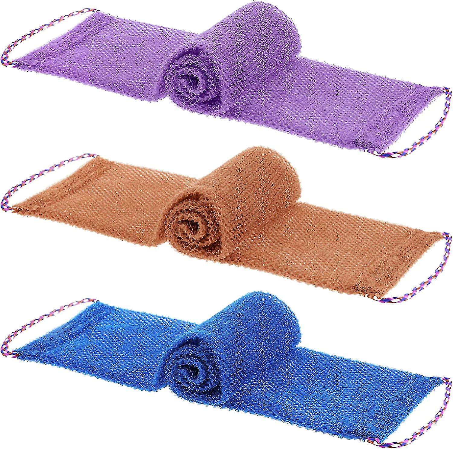 3 pcs Éponges de bain africaines avec cordes Laveurs de dos africains Éponge filet africaine Douche longue filet plus lisse (violet, bleu, café)