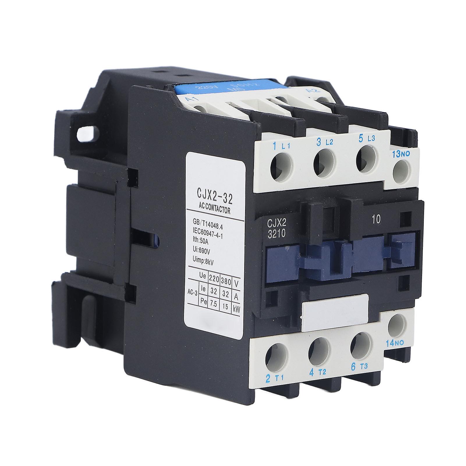 220V/380V AC Contactor, Cjx2‑3210 Coil Normally Open 3 Pole 220V 32A AC Circuit Power Contactor Silver Alloy Contact, For Power Distribution Relay
