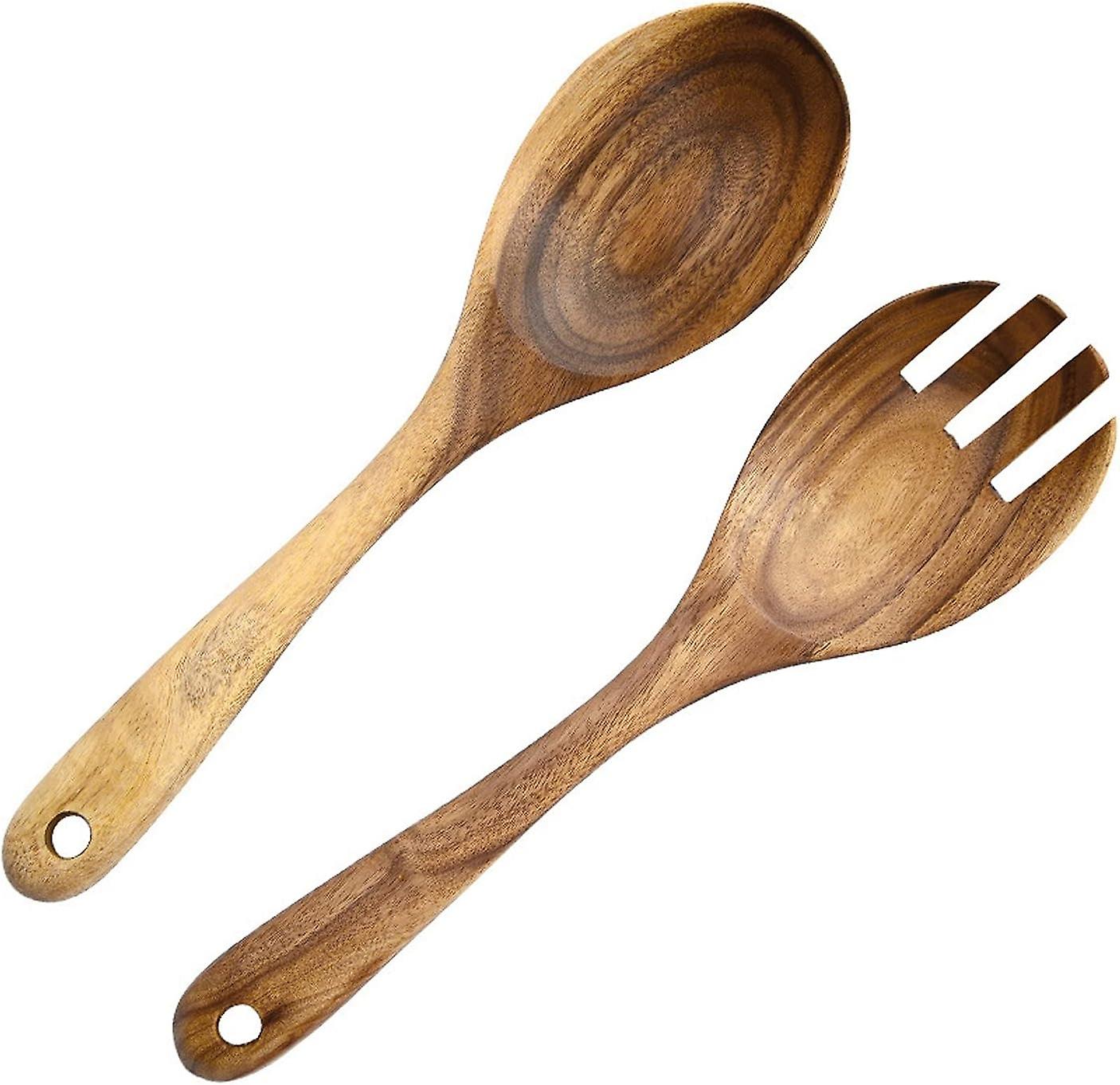2 Pcs Wooden Spoon and Fork Salad Servers, Wooden Tableware Salad Fork, Reusable Salad Fork and Spoo