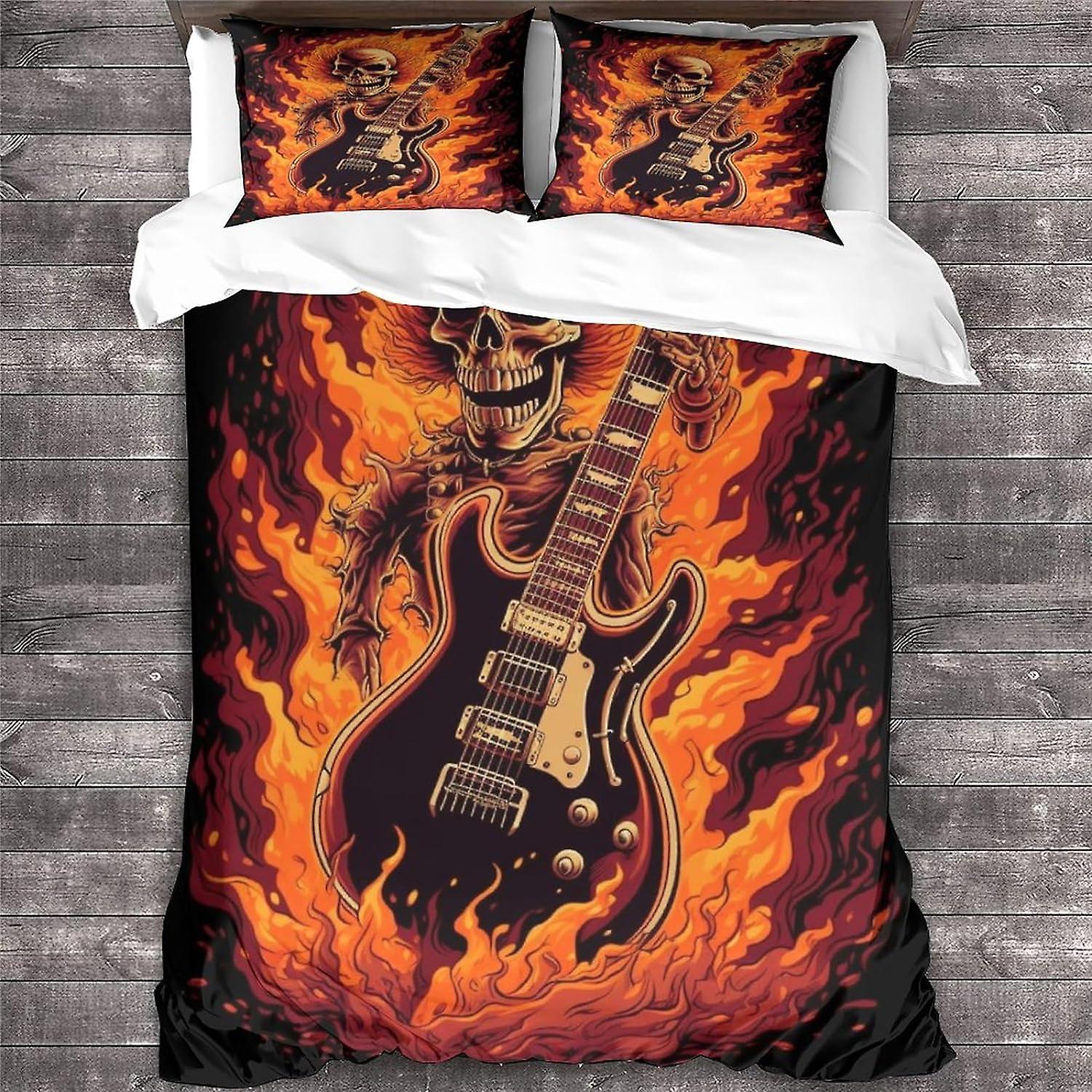 Rock 'n' Roll Sängkläder Set Heavy Metal Gitarr Påslakan Skalle Täcke Täcke Täcke Täcke Barn Sängkläder Set 3 st Kung