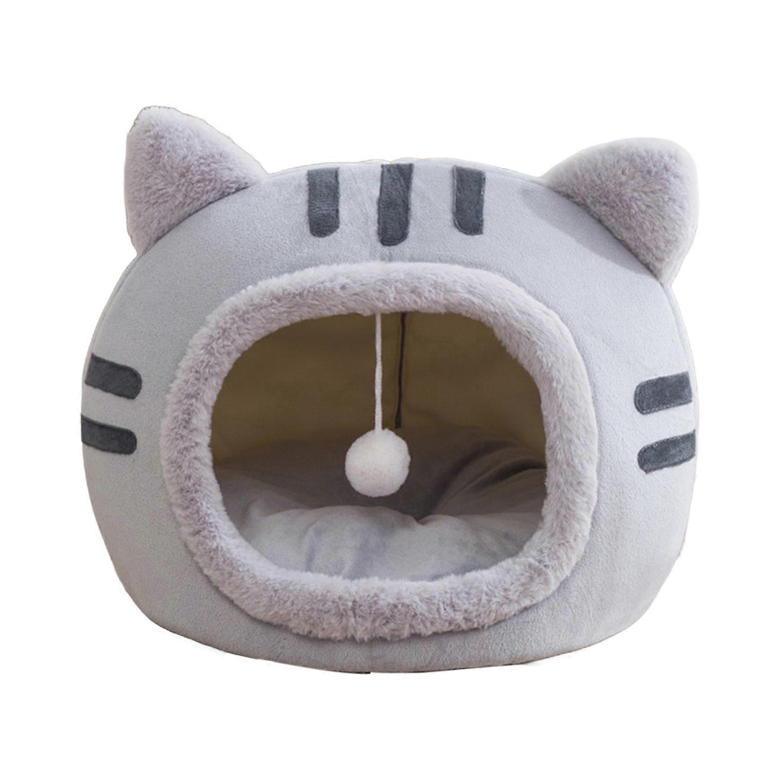 Pet Waterloo Cat Head Shape Pet Bed with Hanging Plush Ball Toy Flannel Surface Semi-Enclosed Cat Nest with Non-Slip Bottom for Small Dogs Cats