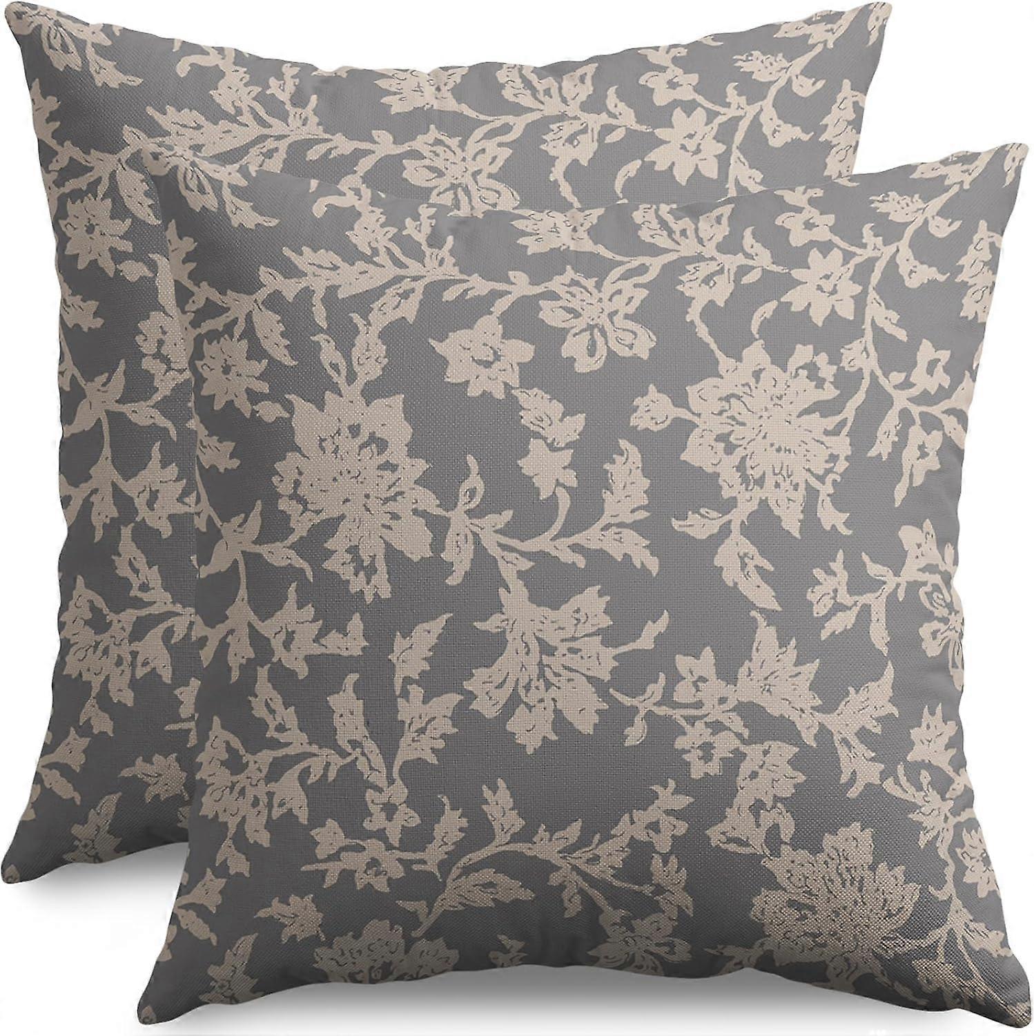 ヴィンテージフローラルブロックプリント枕カバー16x16 2グレーブラウンクリームフラワーパターン素朴な古いスタイルの装飾的なスロー枕ケース屋外Farmhou