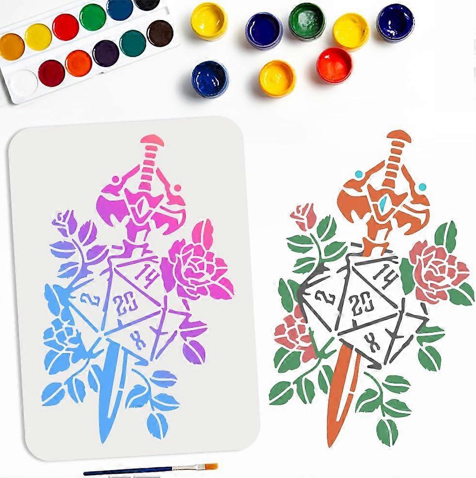 Dagger Dice Flower Stencil 8.311.7inch Dice Sword Stencil with Paint Brush Reusable Rose Flower Sword Template for Painting on Wood Canvas Paper Fabri